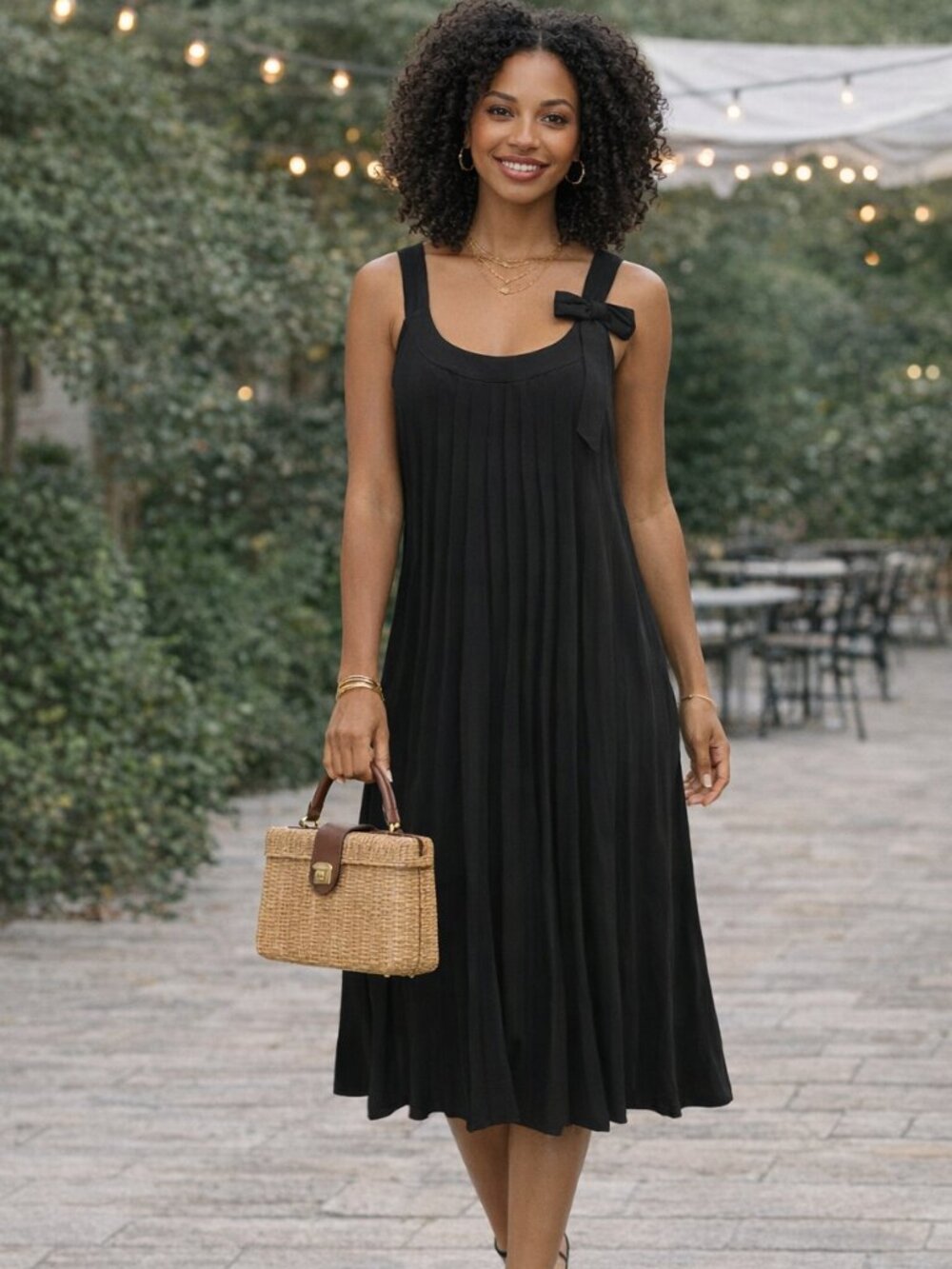 RB Collection Black Pleated Midi Dress Bow Front Sleeveless Babydoll L/XL -- 14